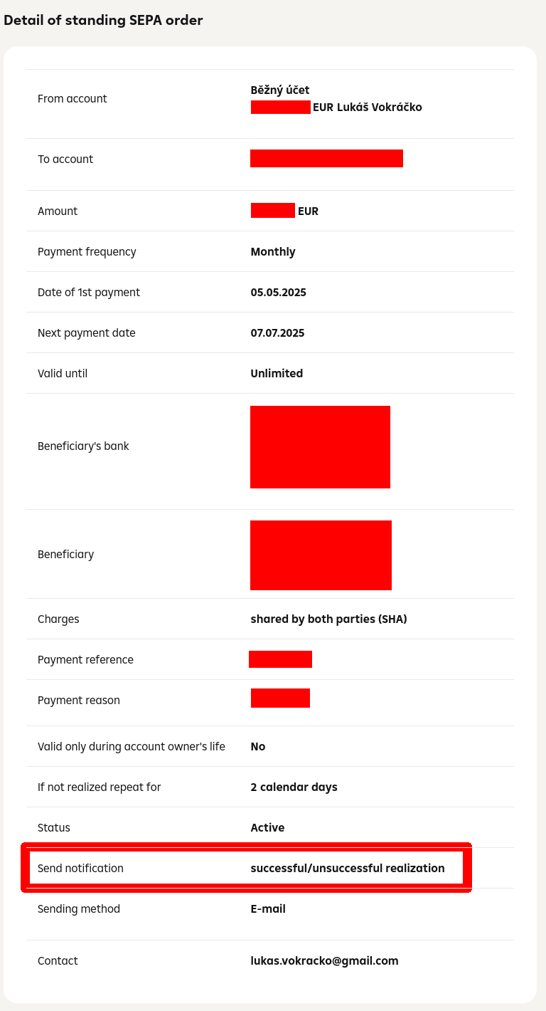 Periodic SEPA payment detail